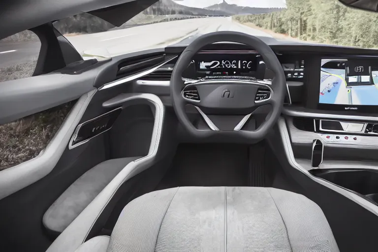 Image similar to a high-detailed picture from the inside of a driving autonomous car without people, 8k, photo-realistic