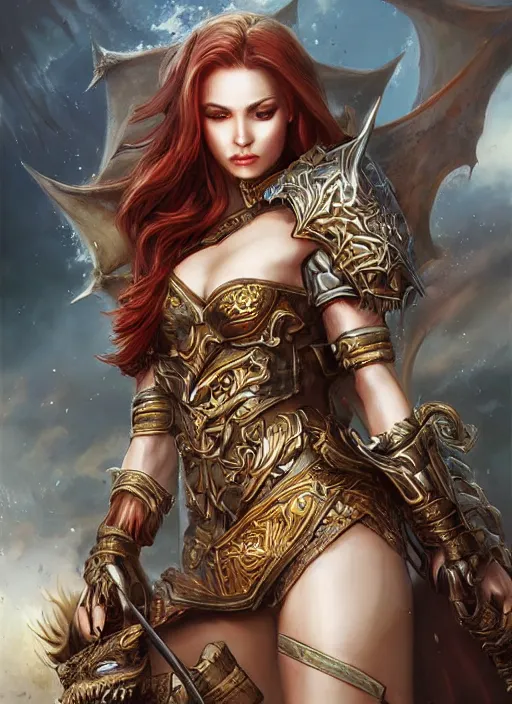 Image similar to a beautiful female warrior, 8 k, hyperrealistic, dragon slayer, hyperdetailed, fantasy portrait by laura sava