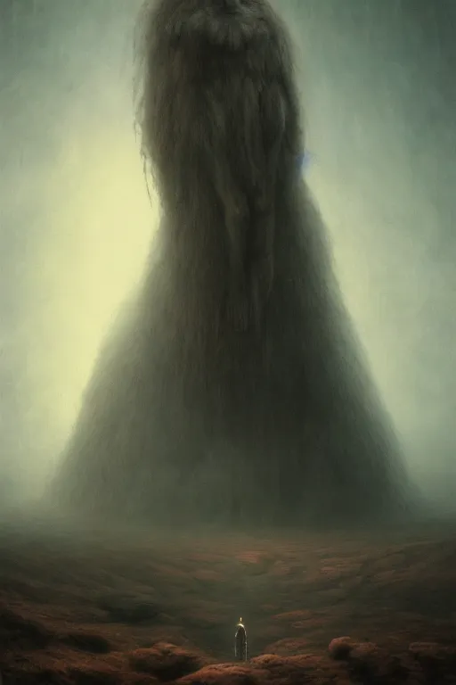 Image similar to a tall terrifying humanoid beast looming over a tiny human in a surreal landscape at dusk, dark fantasy, artstation, cinematic, epic lighting, agostino arrivabene