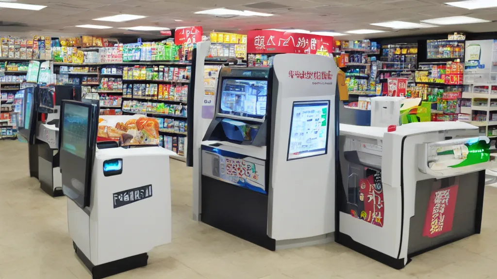 Prompt: origami inequitable convenience store robo - cashier