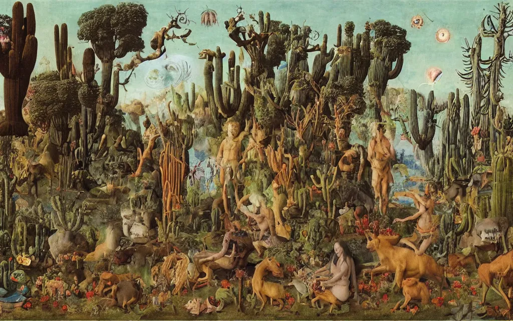 Image similar to photograph of a meditating centaur shaman and a flayed werewolf feeding animals at the riverside. surrounded by bulbous flowers, animals and a few trees and cacti. river delta with cliffs under a blue sky of burning stars. painted by jan van eyck, max ernst, ernst haeckel, ernst fuchs and artgerm, trending on cgsociety