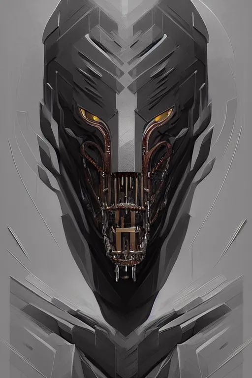 Image similar to professional concept art symmetrical portrait of a horrendous mechanical predatory species in a dark room by artgerm and greg rutkowski. an intricate, elegant, highly detailed digital painting, cubism, concept art, smooth, sharp focus, illustration, in the style of cam sykes.