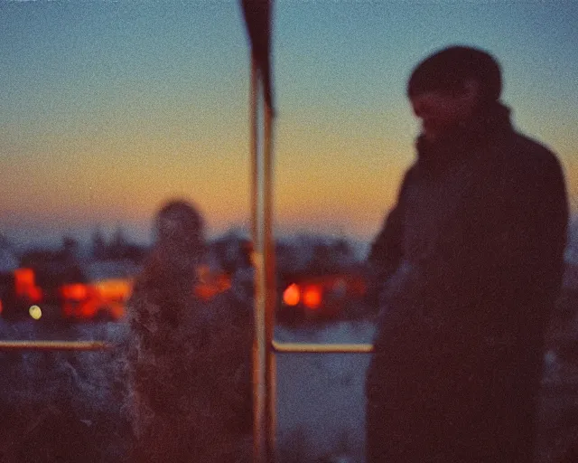 Image similar to lomo photo of pair standing on small hrushevka balcony full with cigarette smoke in small russian town looking at sunset, cinestill, bokeh