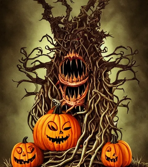 Image similar to a tim burton design of a horrifying king creature made of pumpkin, fat, limbs made from vines, sitting on a stone throne, detailed game art illustration, menacing carved facial expression, creepy lighting, dynamic pose, 4 k artstation, masterpiece