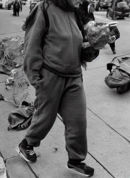 Prompt: strange ugly tough looking woman with piercings walking down the street in New York. older person, sweat suit, crackhead, somebodys grandma probably, award winning photography, high detail, photography by Annie Leibovitz, Ansel Adams, Mary Ellen Mark