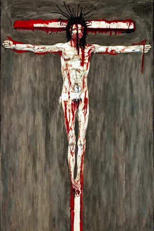 Prompt: bloody jesus christ crucified painted by cy twombly and jean michel basquiat