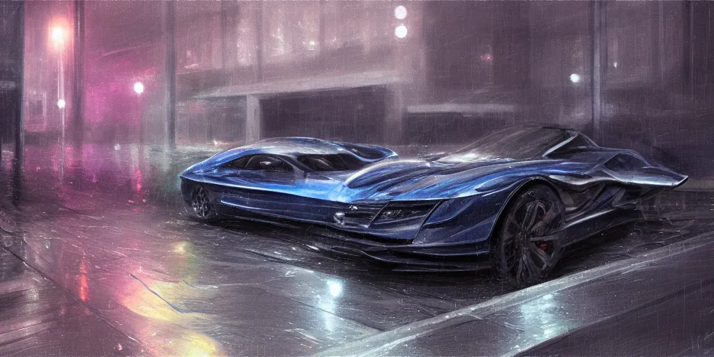 Prompt: full view of a sport car, on wet street at night, painted in dark color holographic pearlescent, almost ghosty-like, elegant, digital painting, concept art, smooth, sharp focus, art style from Wang Ke and Greg Rutkowski and Bruce Kaiser and Scott Robertson and Dmitry Mazurkevich and Doruk Erdem and Jon Sibal, small style cue from Mad Max