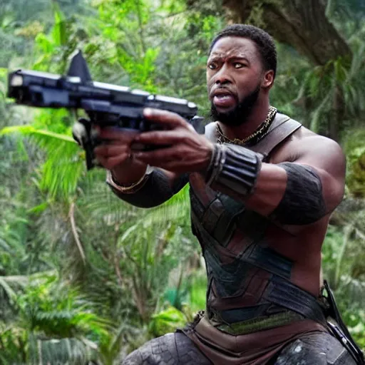 Image similar to cinematic still of kirk lazarus from tropic thunder as black panther