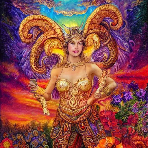 Prompt: painting by josephine wall, goddess with horns of a ram, checking her cell phone, erupting volcano in distance, sunset, flowers in foreground, zodiac, fantasy, acrylic on canvas, intricately detailed, highly detailed, high resolution, hdr, 8 k, by senior concept artist, trending on artstation