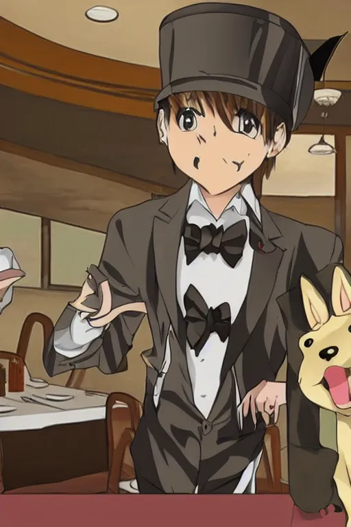 Image similar to an anime drawing of a dog - headed waiter at the reception of a fancy restaurant