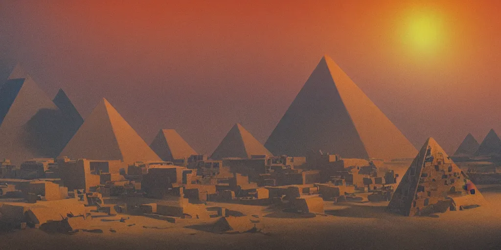 Image similar to an oil painting of a small city in the desert ::Pyramid inside the city surrounded by huts and walls that surround the city and a dark red sun, fantasy,hyper realistic, atmospheric lighting, cinematic, 8k,