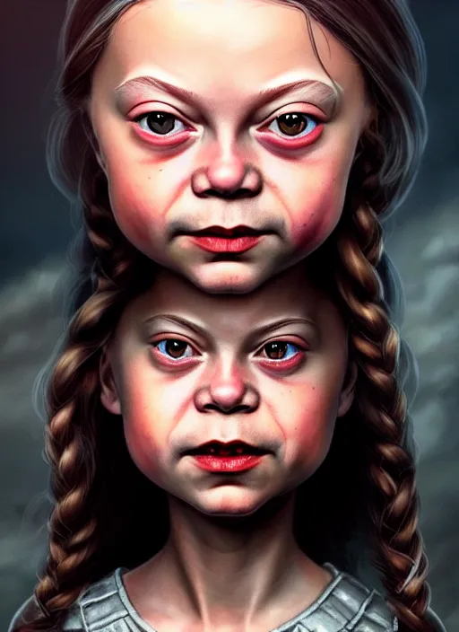 Prompt: portrait of greta thunberg as a cute medieval goblin girl with lipstick and long eyelashes, beautiful face, hyper realistic, highly detailed, digital painting, artstation, illustration, concept art by hyung tae and frank frazetta, digital paint, matte paint, washed colors, dark, gloomy