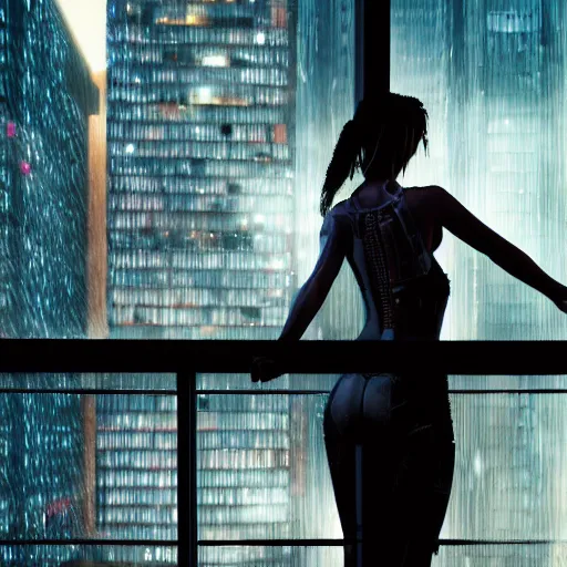 Prompt: ultra realistic and intricate detailed photograph of a cyberpunk woman standing on a balcony looking out at the city, neon, cyberpunk, technology, blade runner, artstation, unreal render, depth of field, ambient lighting, award winning, stunning