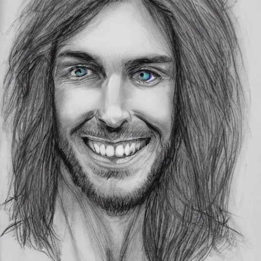 Prompt: sketch of a caucasian face, medium long hair, bad skin, skinny, blue eyes, smiling, climber