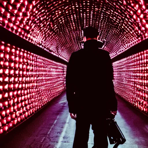 Prompt: man in black leather, out of focus in a brutalist futuristic neon tunnel, glitchpunk thrashcore