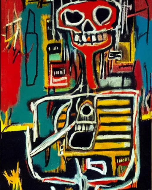 Prompt: oil neo expressionism painting of skull skeleton playing video games by basquiat
