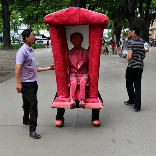 Prompt: a self - walking sedan chair with human legs