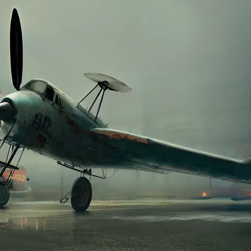 Image similar to movie frame of a vintage scrappy aircraft parked on the tarmac on a misty but epic day, wet ground, neon lights, very wide angle shot, by ian mcque, robert valley, tom bagshaw, global illumination