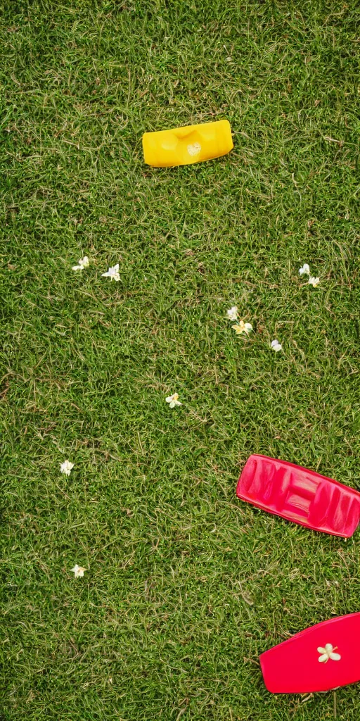 Prompt: two yellow beach beds and a red life saver next to a pool, yellowish grass and green bushy enviorment with white flowers, grainy photograph, diagonal composition, cloudy day, long shot, close up