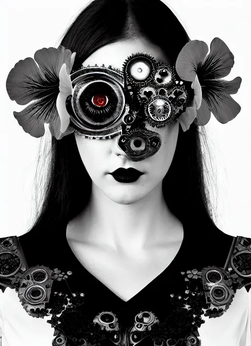 Image similar to black and white macabre masterpiece profile portrait, one steampunk eye silver hexagonal meshes floral biomechanical beautiful young female cyborg, big monocular, volumetric light, hibiscus flowers, by hg giger, rim light, big gothic fashion pearl embroidered collar, 8 k