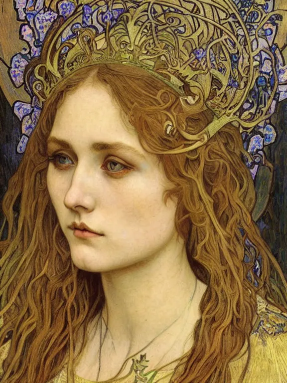 Image similar to detailed realistic beautiful young medieval queen face portrait by jean delville, alphonse mucha, vincent van gogh, and marco mazzoni, art nouveau, symbolist, visionary, gothic, pre - raphaelite