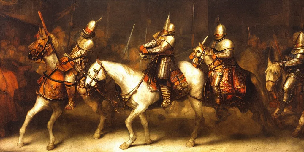 Prompt: rembrandt style painting of medieval knights jousting