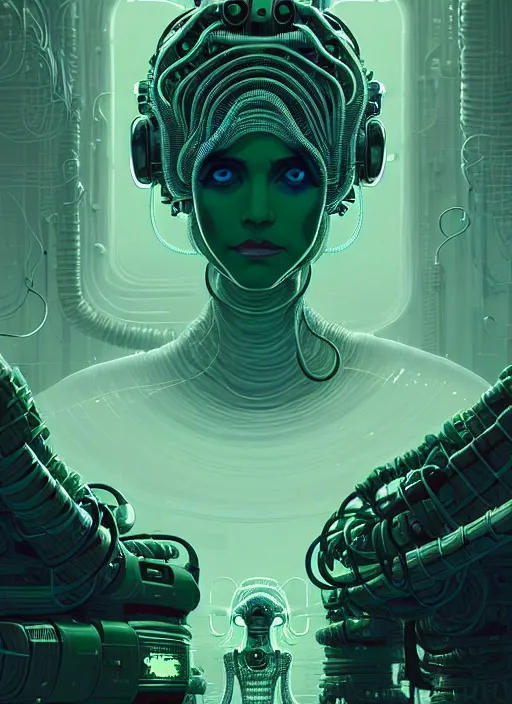 Image similar to highly detailed portrait of a biopunk long curly white hair tribal lady, stray wiring by atey ghailan, james gilleard, by joe fenton, by greg rutkowski, by greg tocchini, by kaethe butcher, 4 k resolution, gradient green, black and white color scheme!!! ( ( irradiated robotic wasteland background ) )