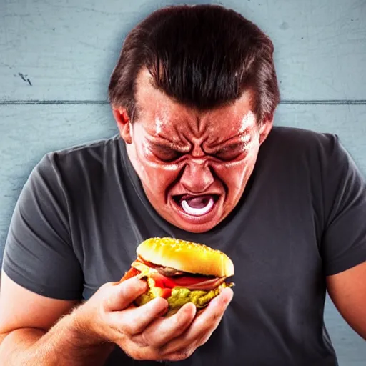 Prompt: a crying man eating a hamburger