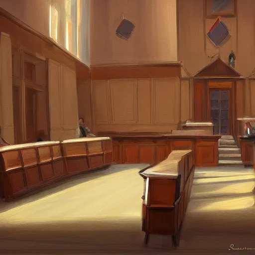 Prompt: a courtroom with the morning light, digital painting, ultradetailed, artstation, ultradetailed, pinterest,