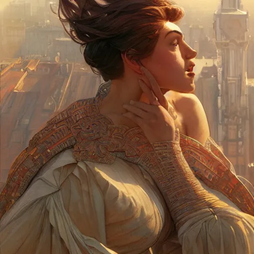 Prompt: Giant woman sitting on building, masterpiece, elegant, intricate, highly detailed, digital painting, artstation, concept art, sharp focus, illustration, art by artgerm and greg rutkowski and alphonse mucha