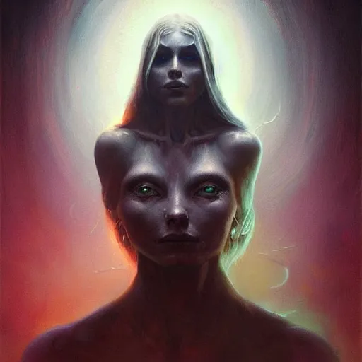 Prompt: a hyperrealistic acrylic on canvas portrait painting of a beautiful alien priestess by Greg Rutkowski, Artgerm and Beksinski. Epic fantasy art. Volumetric lighting. Night scene.