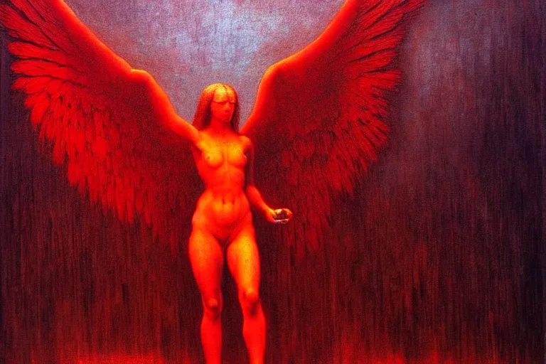 Image similar to only with red, a red angel announce the win, at the gates of a rich renaissance city, pathos, in the style of beksinski, part by hopper, part by rodcenko, part by hofbauer, intricate composition, red by caravaggio, insanely quality, highly detailed, masterpiece, red light, artstation