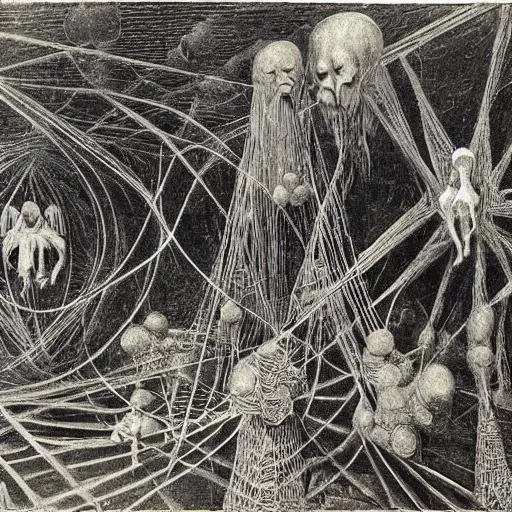 Prompt: in silvery webs, very detailed, by Max Ernst, by Francisco Goya, by M.C. Escher, beautiful, eerie, surreal, colorful