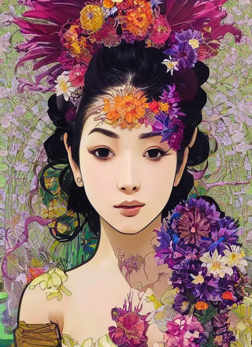 Image similar to !!! very coherent!!! oil painting, beautiful floralpunk balinese cyborg portrait girl female illustration detailed patterns art of bali traditional dress, flower pop art, floral splash painting, art by ashley wood, alphonse mucha, makoto shinkai, geof darrow, dark shadow