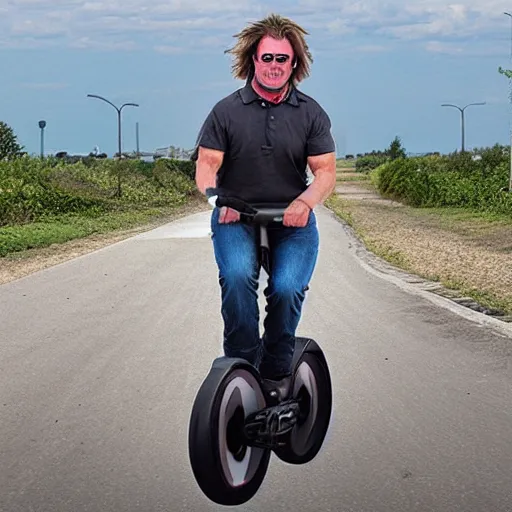 Image similar to “ man with mullet riding electric unicycle, digital art, 8 k ”