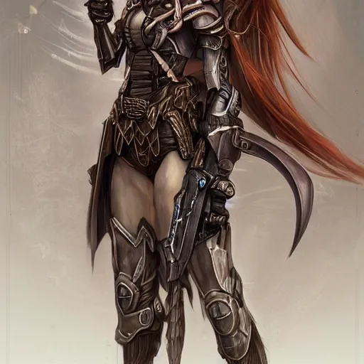 Prompt: portrait of a female elf orc by ayami kojima, she is about 2 0 years old, american pretty, copper hair, annoying but friendly, she is wearing a modern tactical gear, scifi, highly detailed portrait, digital painting, artstation, concept art, smooth, sharp foccus ilustration, artstation hq