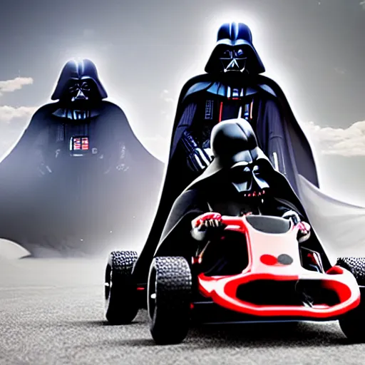 Image similar to darth vader racing a go kart in a race track