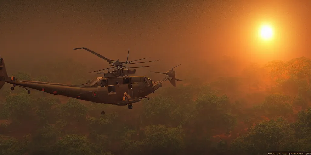 Prompt: Painting of vietnam Huey Helicopters, above a forest, orange sun set, abstract, realism, 8k, high details, octane render, glow, war, 3d render,