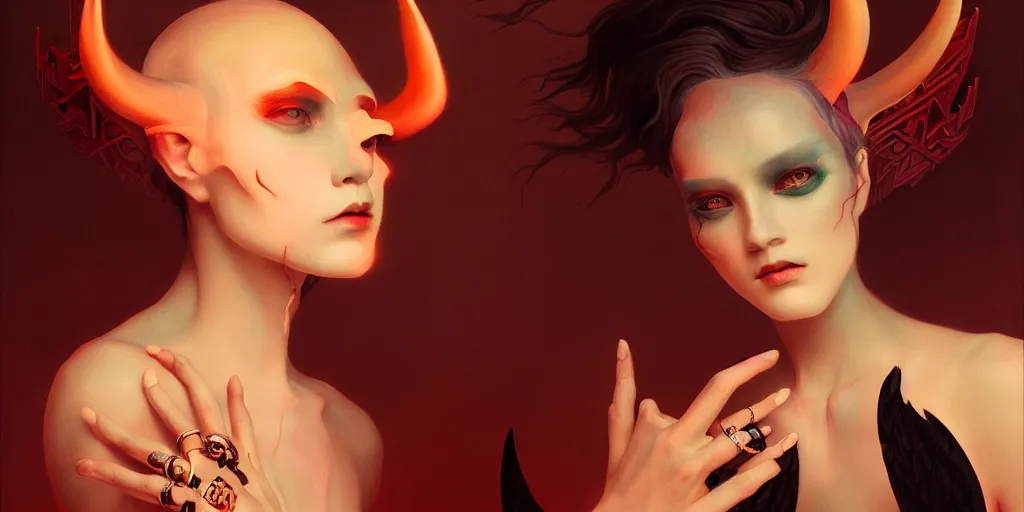 Image similar to breathtaking detailed concept art painting art deco portrait of a satanic demon, by hsiao - ron cheng, bizarre compositions, exquisite detail, extremely moody lighting, 8 k