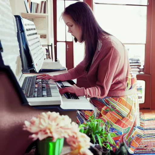 Prompt: portrait of a woman with brown hair programming a computer, photograph of the whole room, colorful computer screen, home office with plants, colorful kid toys all over the floor, piano in the background, cosy, serene, morning light, very detailed, vivid colors, solid color background, steampunk