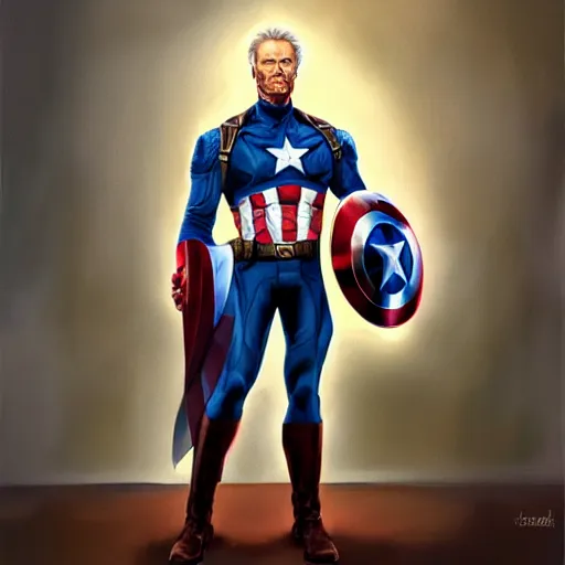 Image similar to full body concept art of Clint eastwood as Captain america, oil on canvas, in the style of J.C. Leyendecker, Ross Tran and WLOP, 4k