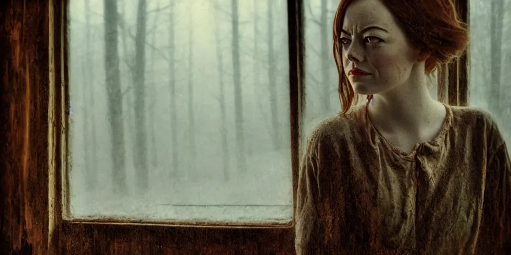Prompt: portrait bust of emma stone, solemn expression, faded color film, russian cinema, tarkovsky, kodachrome, old cabin, next to window, heavy forest outside, long brown hair, old clothing, heavy fog, hudson river school, 4 k, dramatic lighting, greg rutkowski