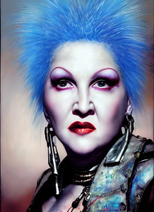 Prompt: portrait of cyndi lauper as a scheming warlord character in mad max 2 : the road warrior, film still, detailed realism face in painting, detailed beautiful portrait, oil painting masterpiece, 8 k resolution, smooth, sharp focus, trending on artstation, by rembrandt