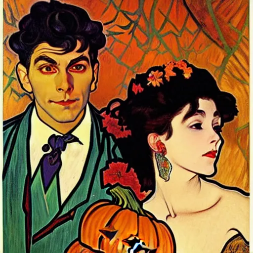 Image similar to painting of handsome young beautiful jeff and gorgeous rina together at the jack o'lantern halloween party, elegant, clear, painting, stylized, art, art by alphonse mucha, vincent van gogh, egon schiele,