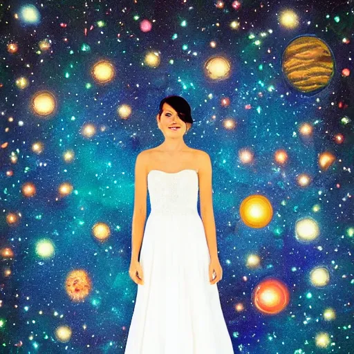 Prompt: beautiful cosmic wedding dress, white background, space-n9