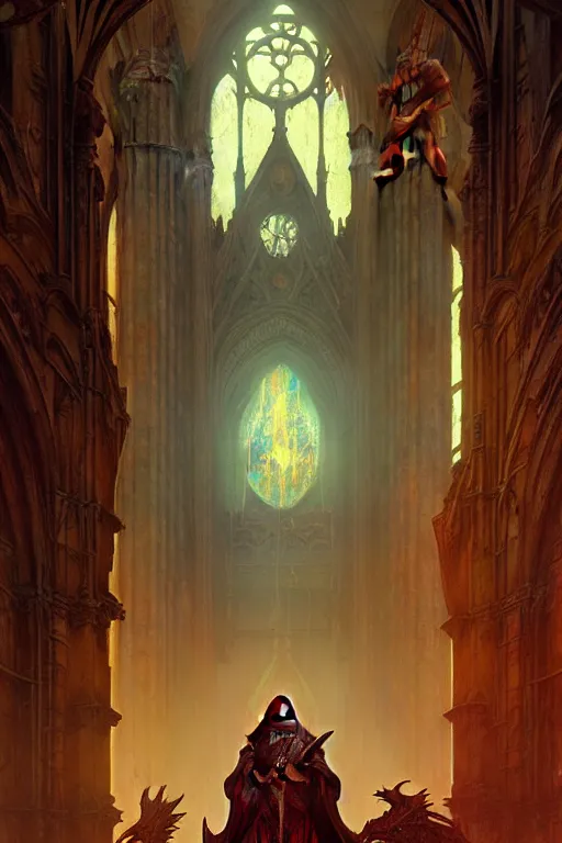 Prompt: abandoned cathedral. hellscape. fantasy concept art. moody epic painting by james gurney, and alphonso mucha. artstationhq. painting with vivid color. ( dragon age, witcher 3, lotr ) by greg rutkowski, giger, maxim verehin