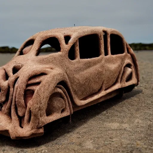 Image similar to car made out of flesh and bones, gorey, awful, cinematic, pretty