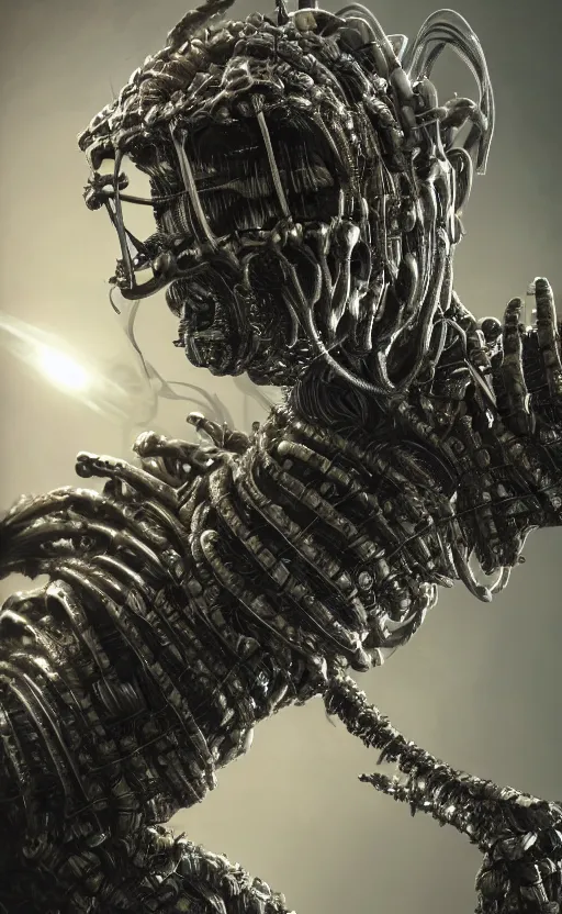 Prompt: a close up sci fi horror quarter - length portrait of sunflower robot reptile eyes fused into massive wires and wearing sunflower sci fi armor, cinematic lighting, smooth, high detail, glowing eyes, studio quality, highly detailed, centered, octane render, by alexandros pyromallis, fog volumes, metal panels, greeble detail, frank frazetta, cgsociety