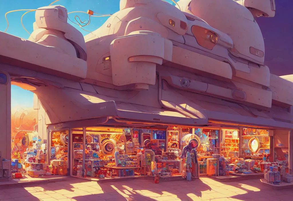 Image similar to chubby futuristic shop in the desert surrounded by two metal boxes, intricate oil painting, high detail illustration, sharp high detail, manga and anime 1 9 9 9, official fanart behance hd artstation by jesper ejsing and makoto shinkai, 4 k,