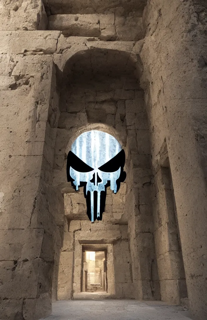 Prompt: punisher symbol is giant arching entrance and pillars in the form of the punisher icon into ancient egyptian temple with luminous smoke and light rays.